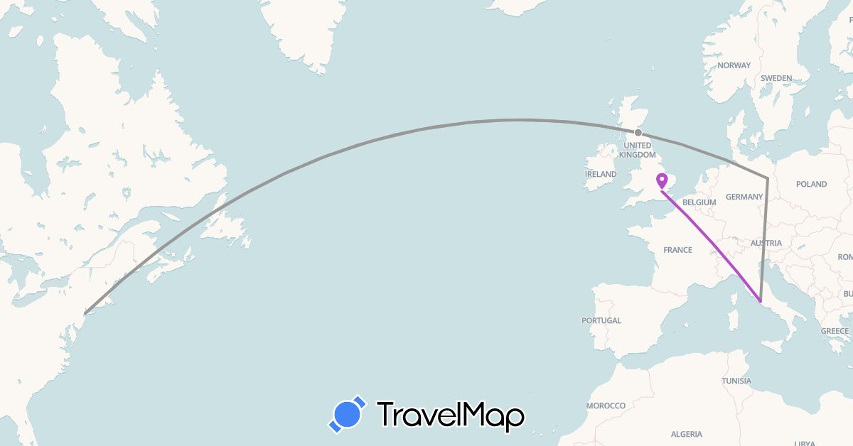 TravelMap itinerary: plane, train, boat in Germany, United Kingdom, Italy, United States (Europe, North America)